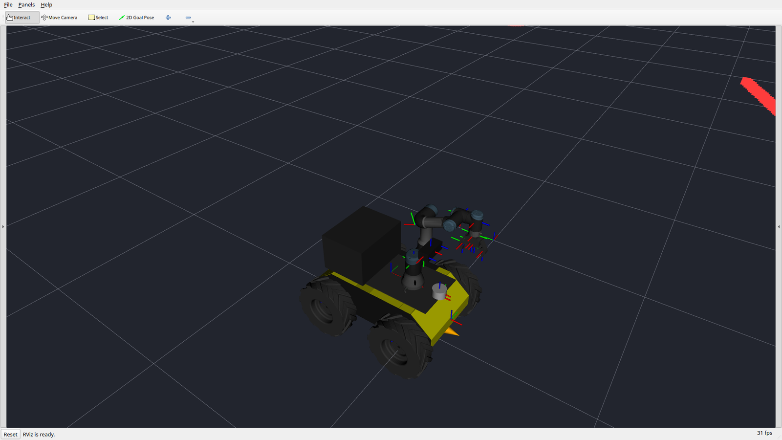 RViz 2 screenshot with the robot model, its TF axes and the laser scan in red