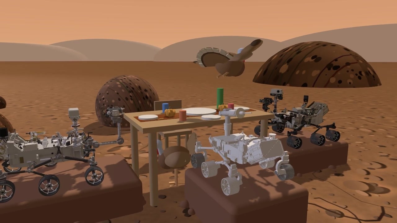 Mars Thanksgiving world v3: the dinner table with both turkeys and the three rover guests