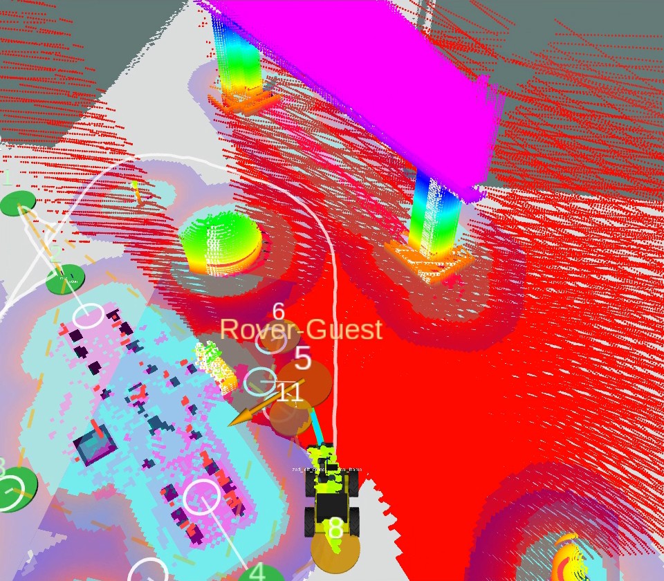 RViz view of the Nav2 costmap fed by the ZED depth cloud and the laser scan