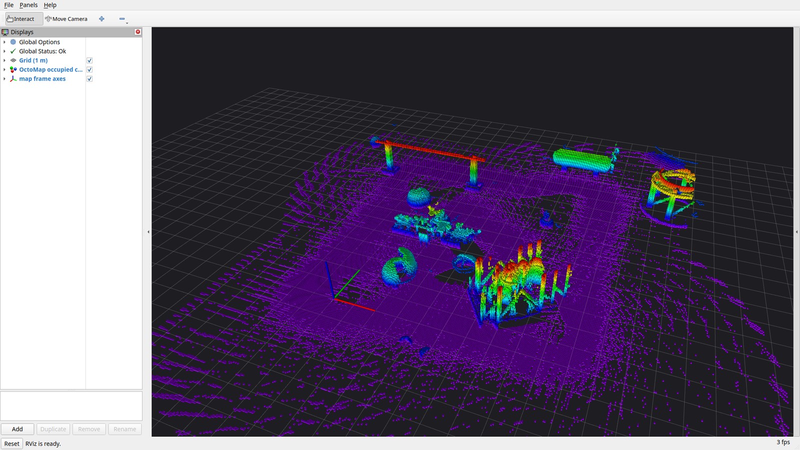 RViz rendering of the OctoMap occupied cells, coloured by height