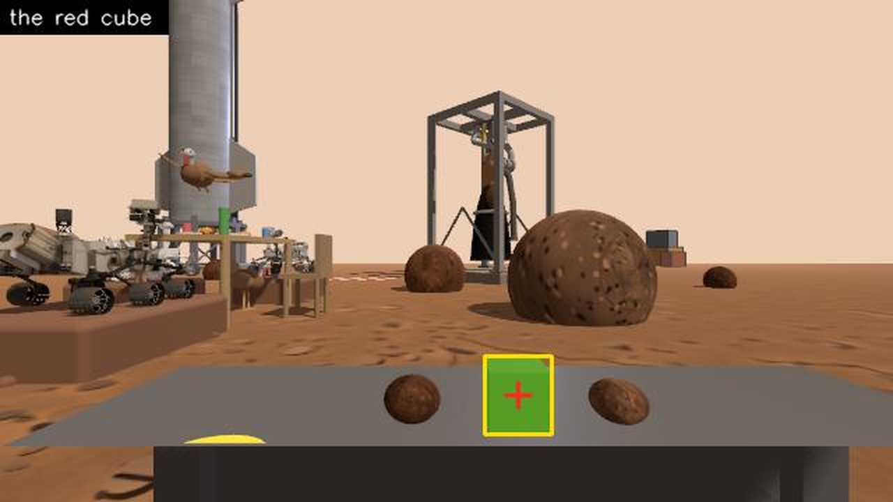 SAMWISE overlay for 'Pick up the red cube': mask, box and centroid