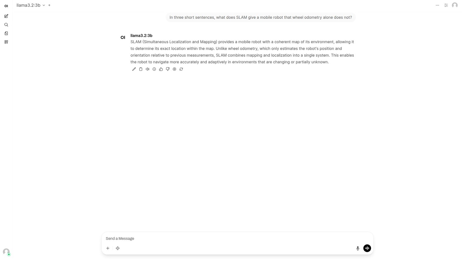 Open WebUI chat with a local model answering a question about SLAM