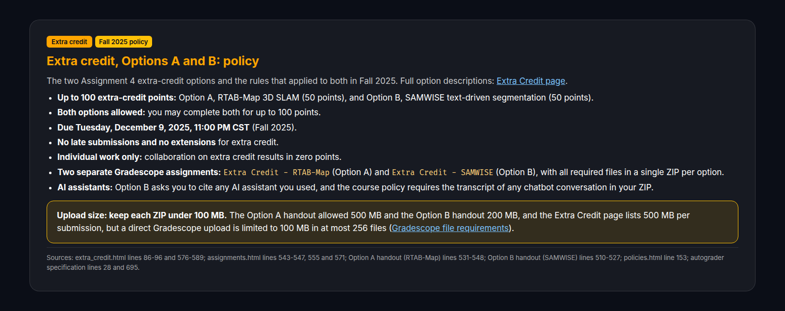 Extra-credit policy card for Fall 2025, Options A and B