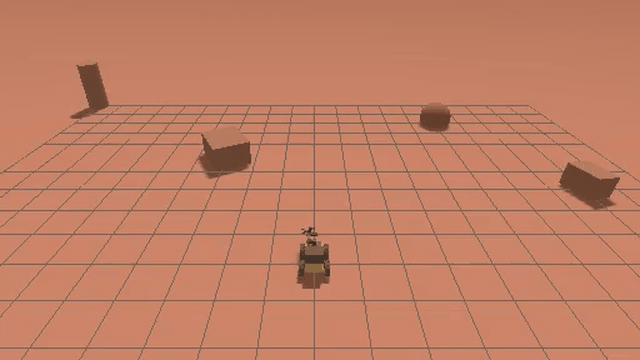 SLAM-ing Mars TA reference run: a Husky + UR3 drives away from the camera into the Mars-world rock field in Gazebo during the Part 2 SLAM run (10x speed)